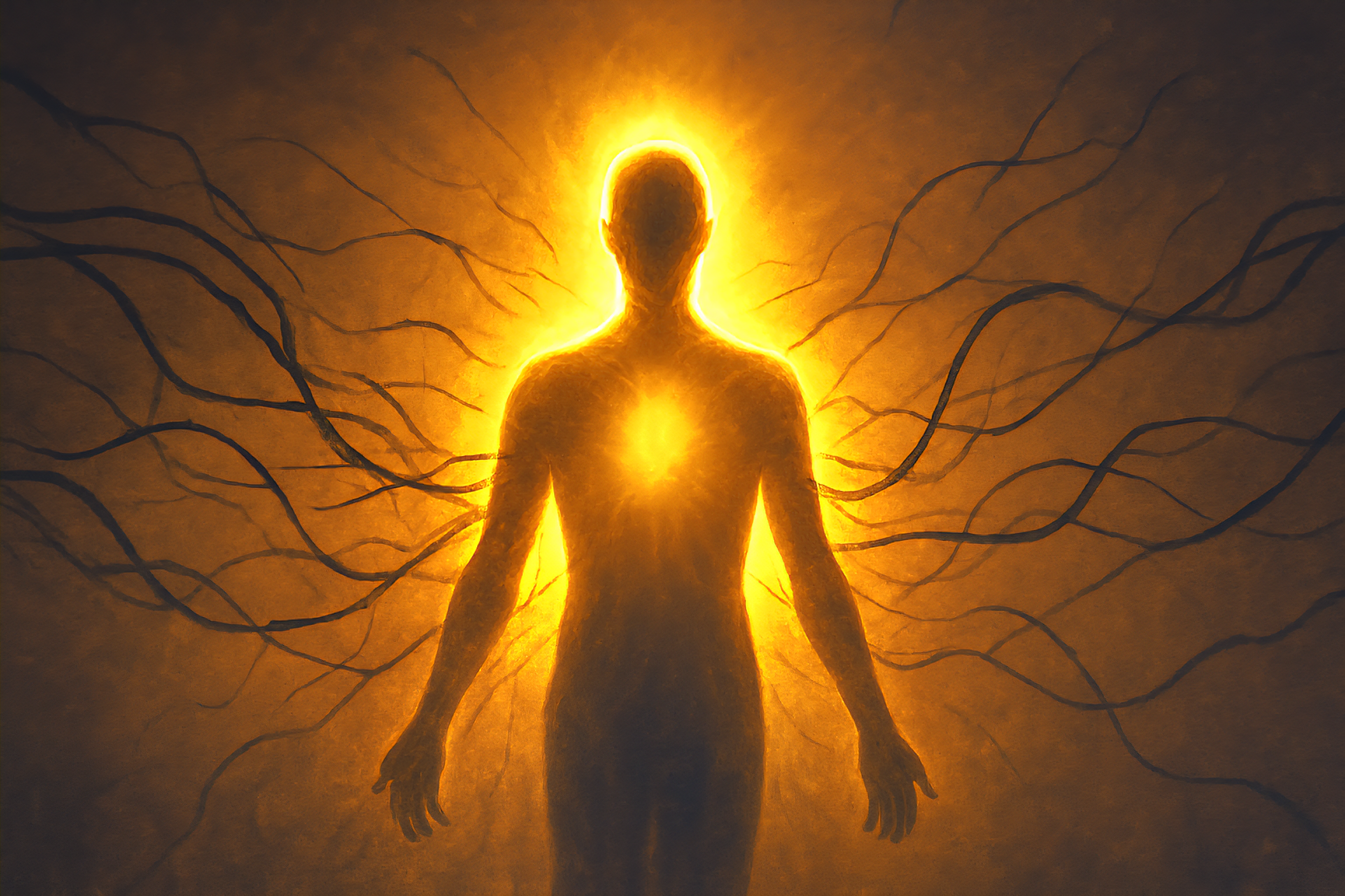 O ilustrație digitală simbolică ce prezintă o siluetă umană în lumină aurie, înconjurată de fire invizibile care se destramă. Reprezintă eliberarea conștiinței din influențele manipulative și trezirea discernământului interior.